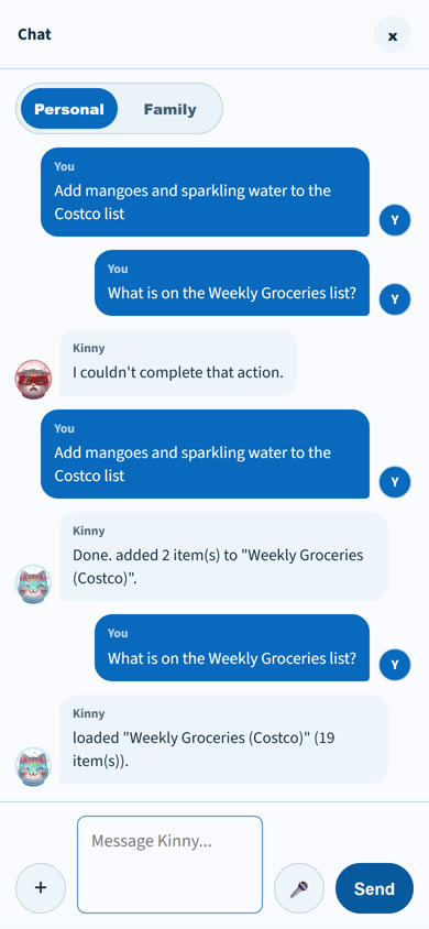 Kinny chat successfully adding groceries to a Costco list